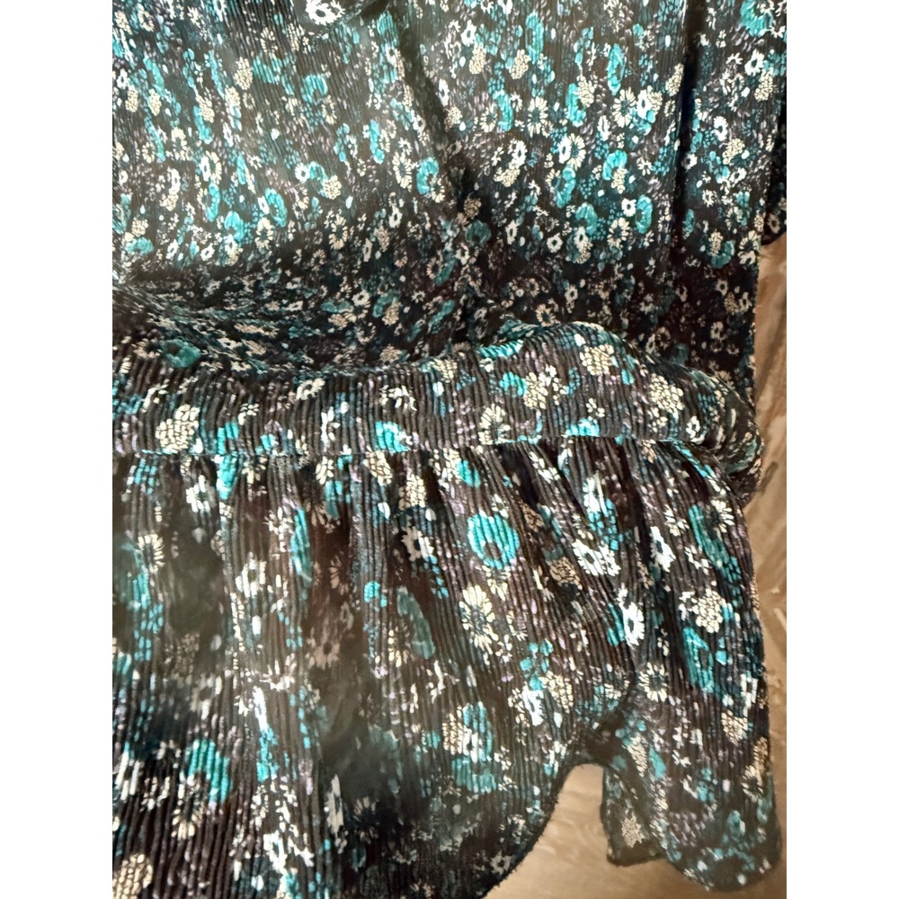 Zara Women Teal Black Floral Plisse Mini Dress Tie Neck Ruffle Long Sleeve Large - Picture 4 of 11